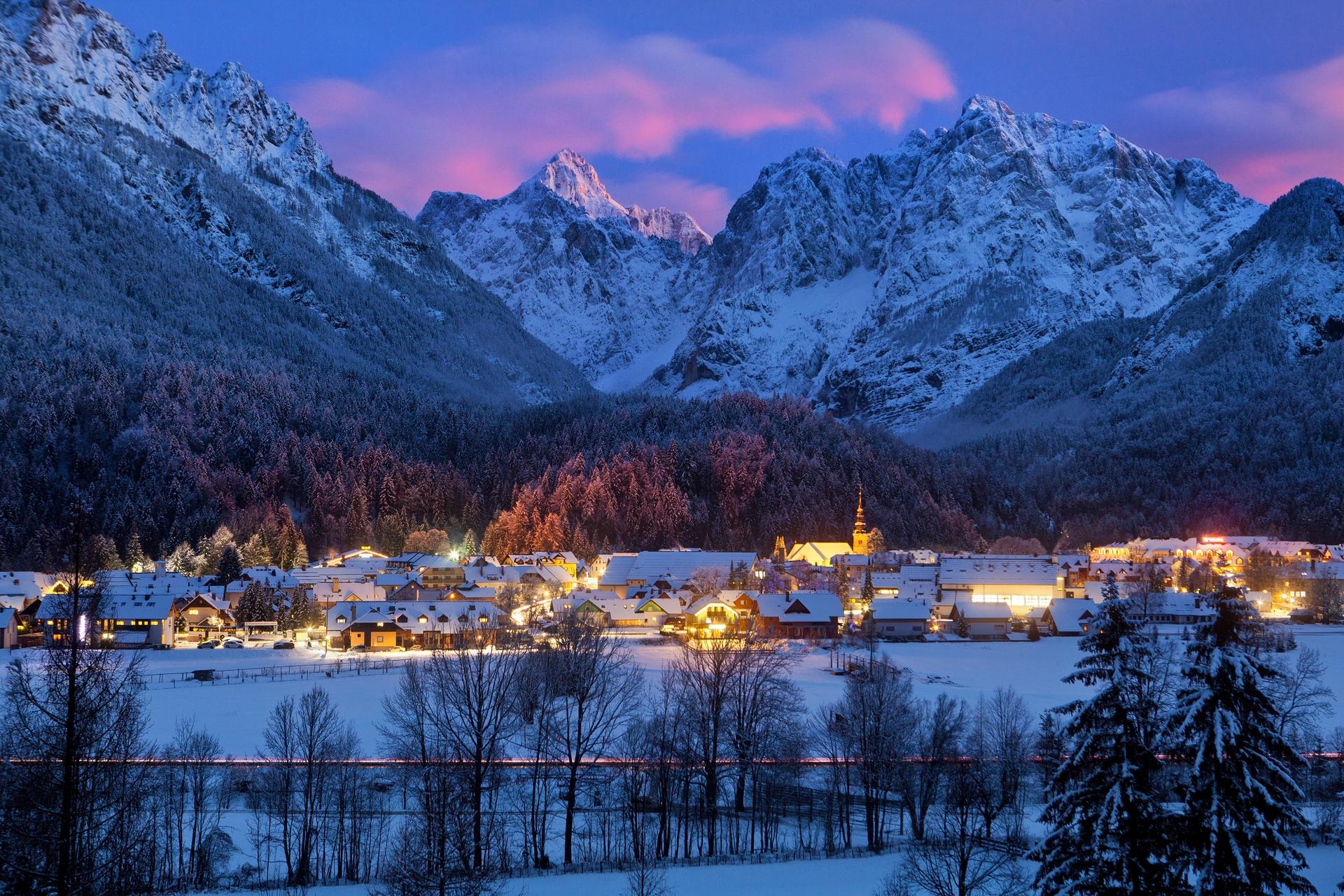 Ski resort of Kranjska Gora at sunset in winter